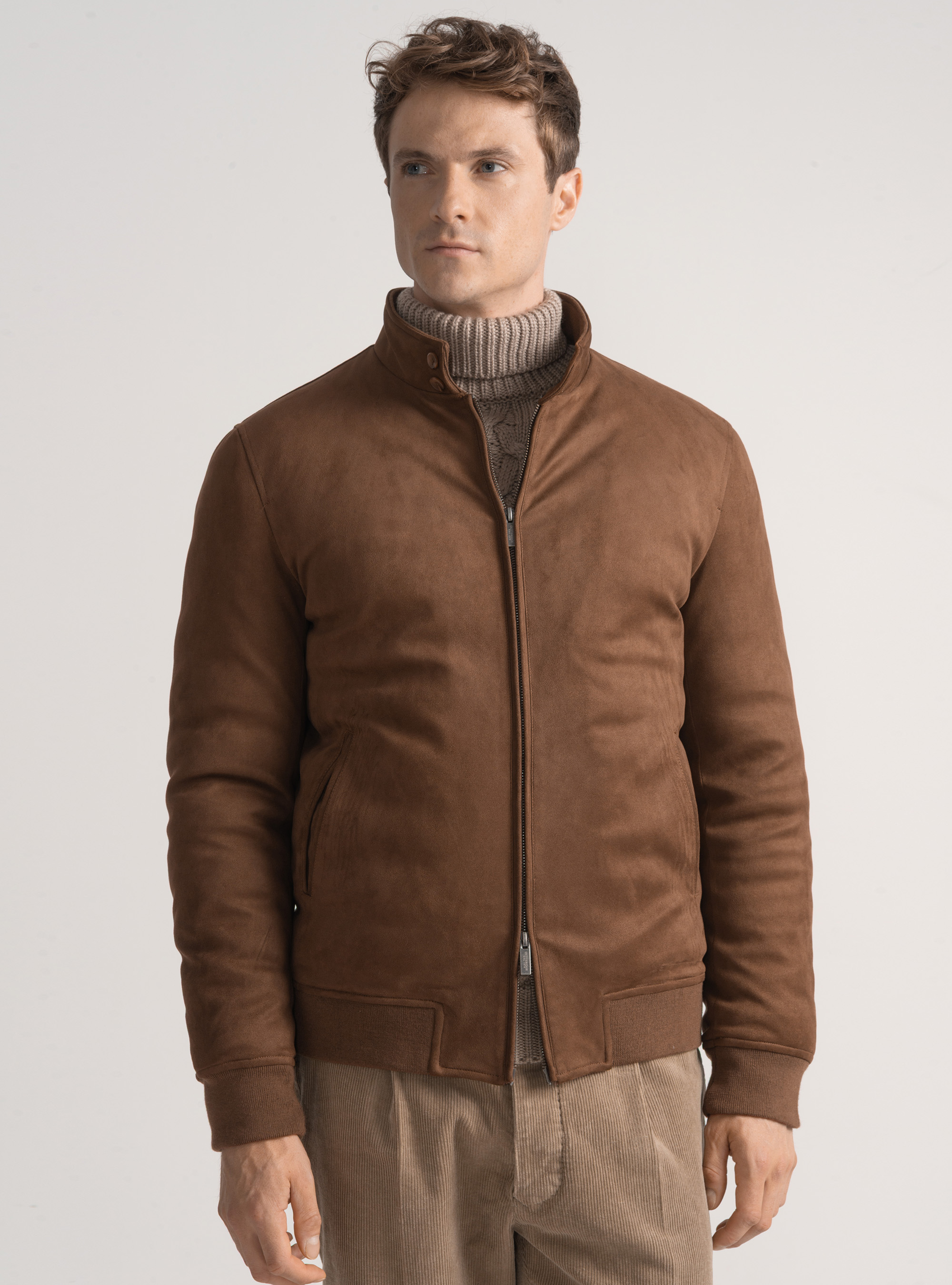 Padded suede-effect bomber jacket, BROWN