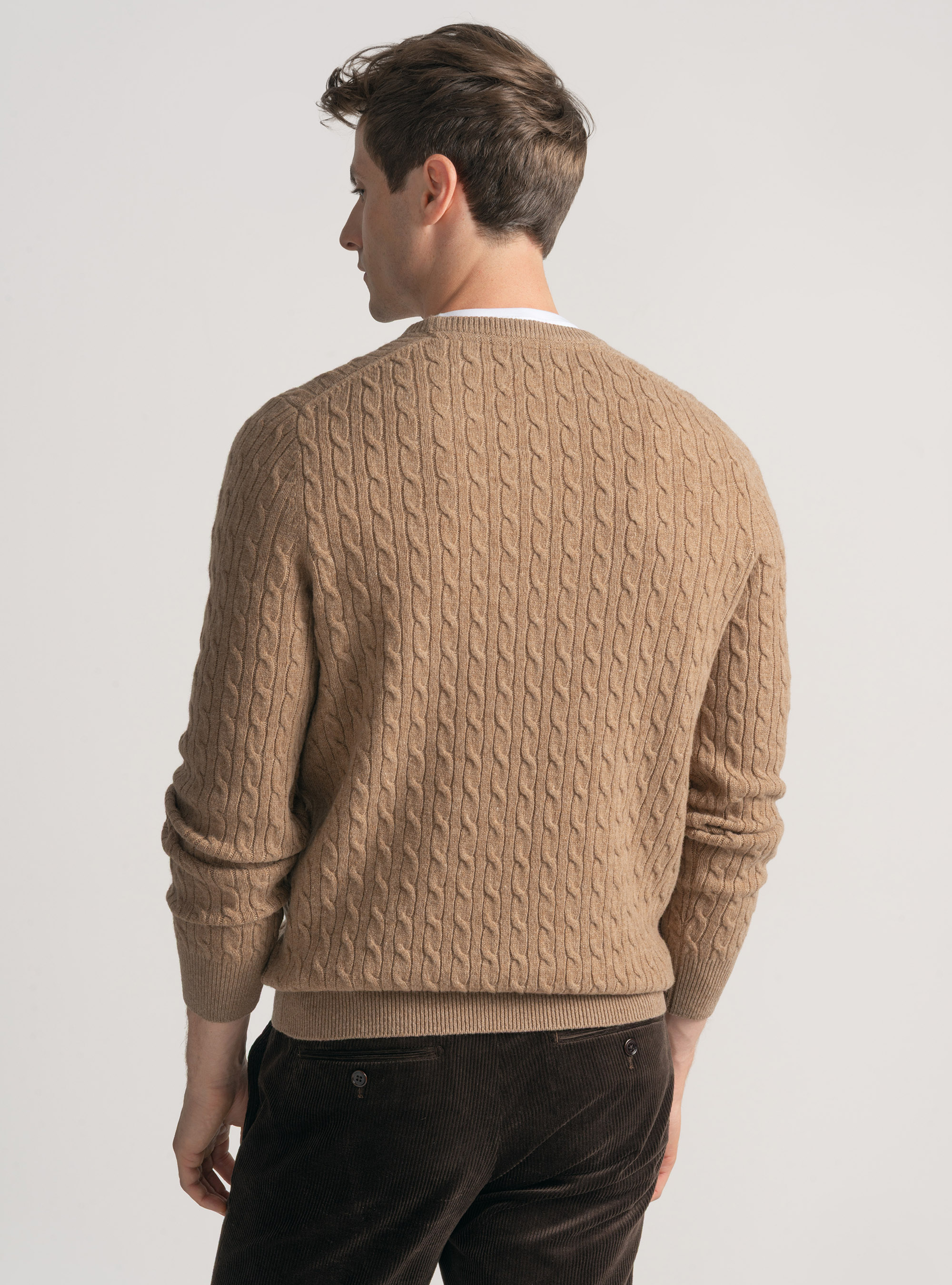 Maglia girocollo con treccia in lana e cashmere, CAMMELLO 0570C