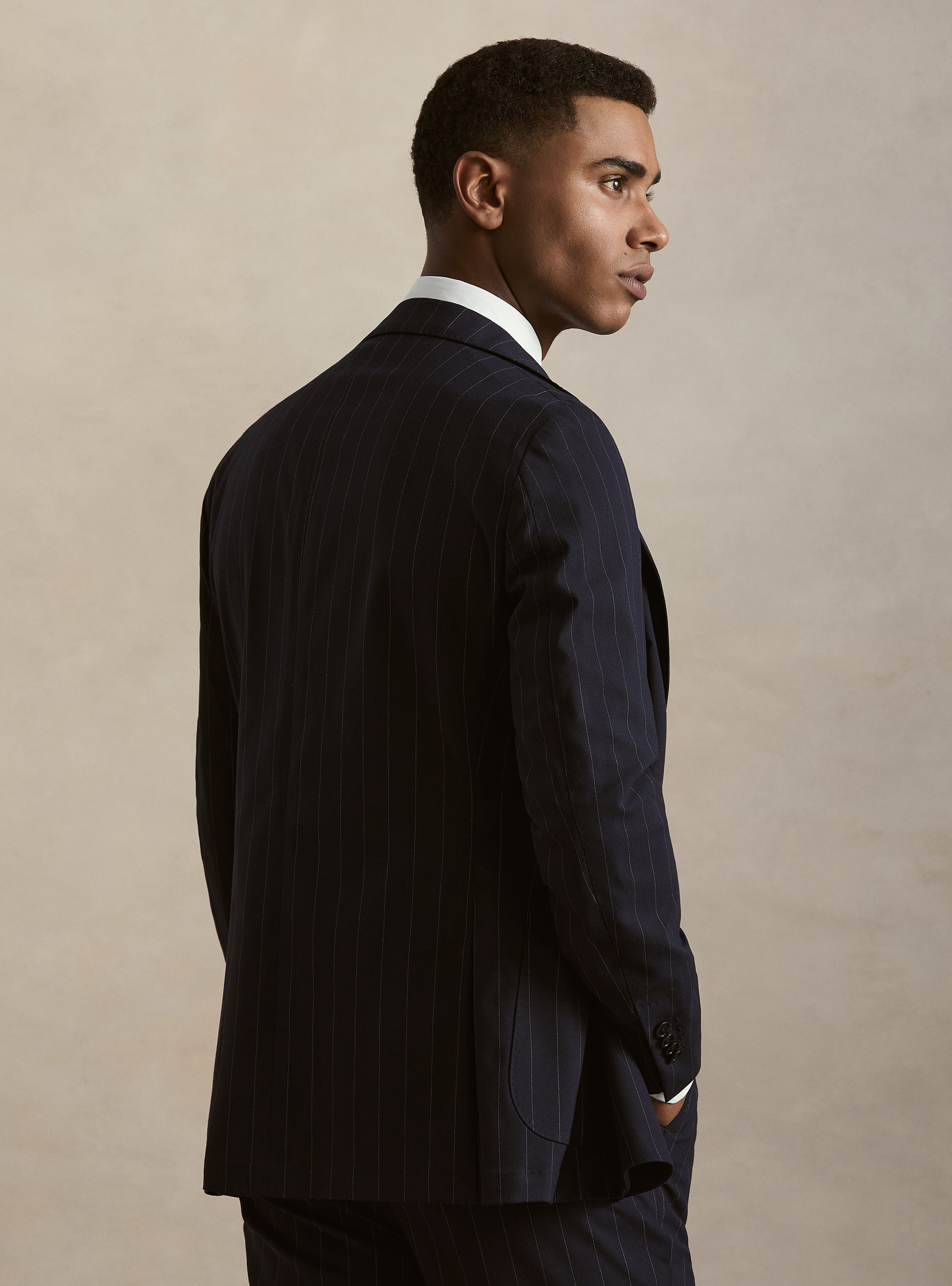 Double-breasted pinstripe suit blazer in stretch fabric, NAVY BLUE