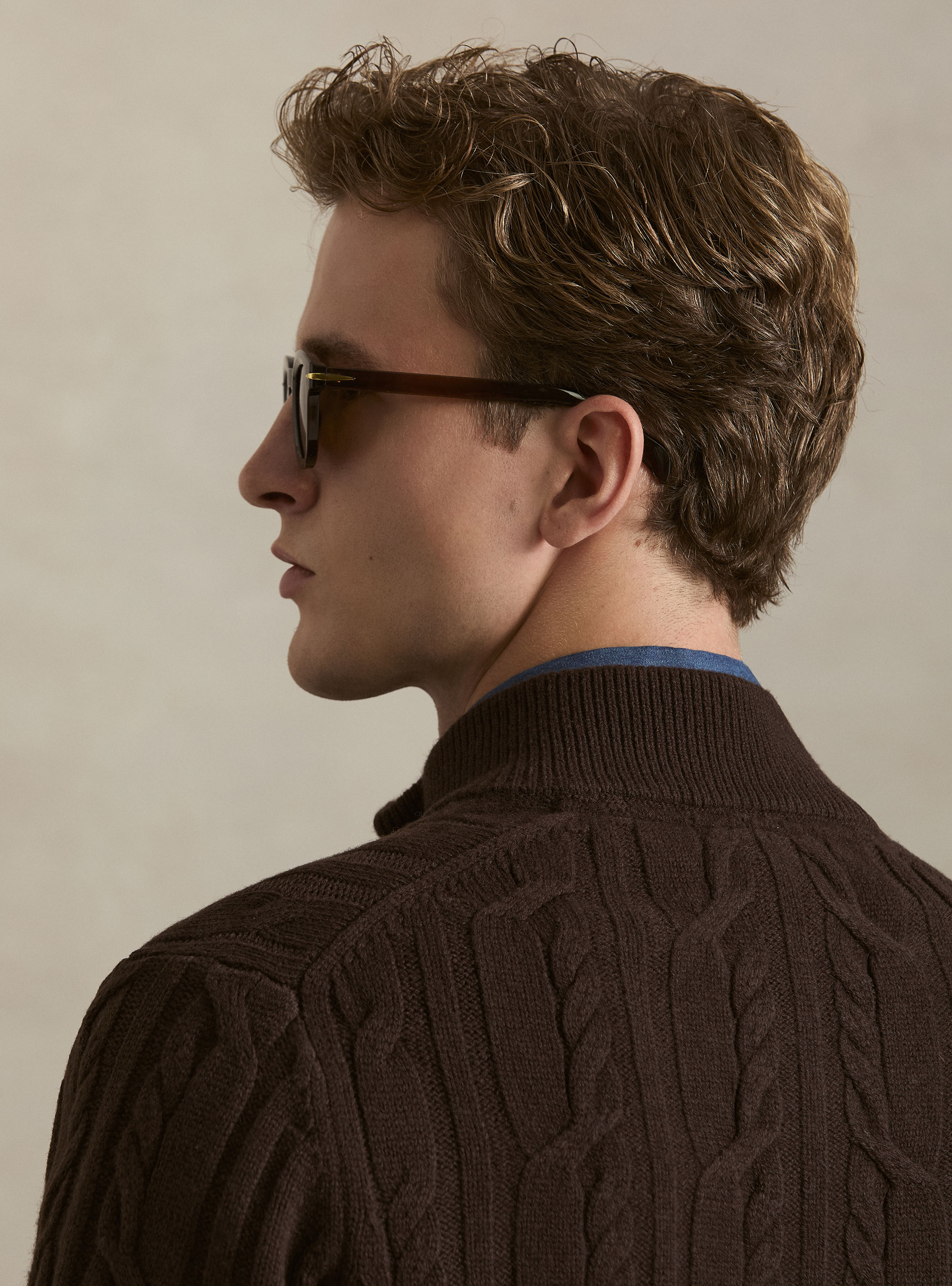 Cardigan a treccia in lana e cashmere, MARRONE