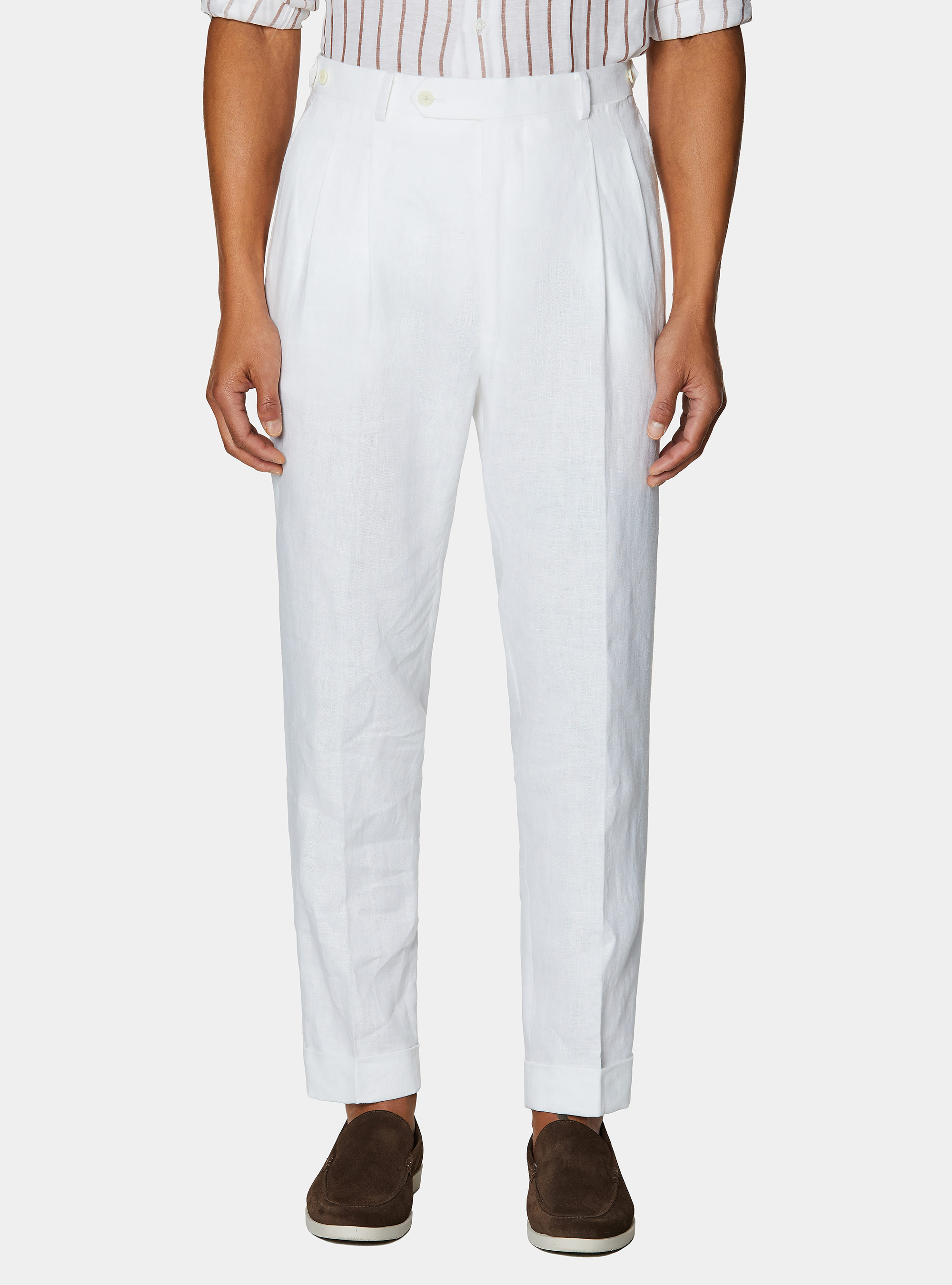 Pure linen double pleat trousers, WHITE