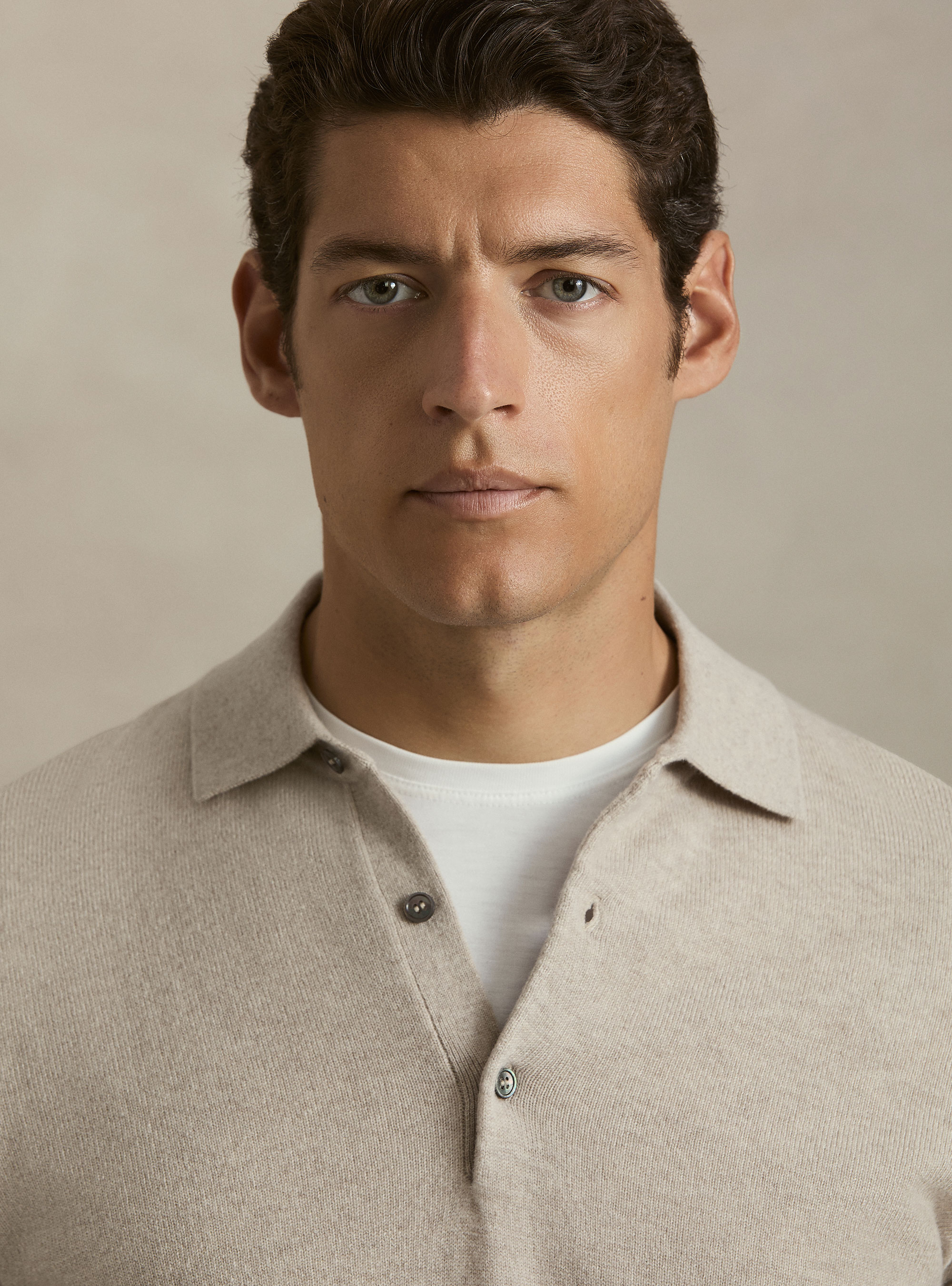 Wool and cashmere knitted polo, ECRU
