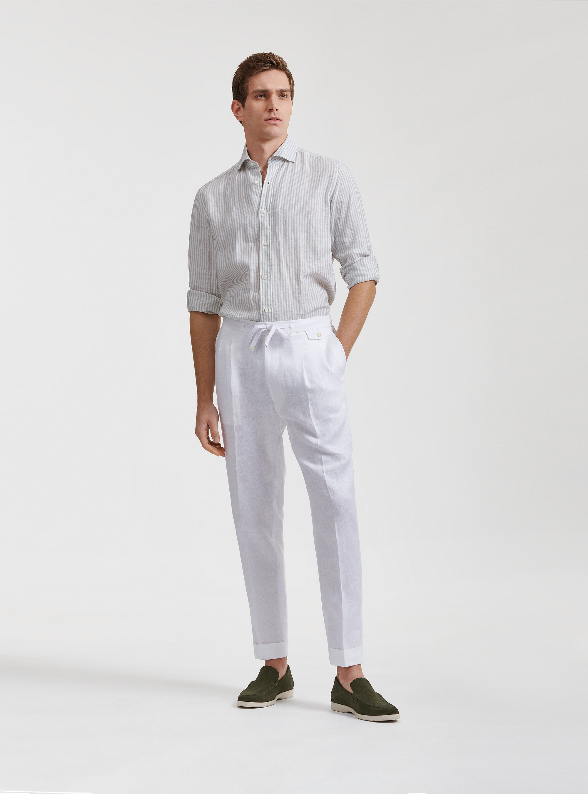 Camicia collo semi francese in puro lino rigato, SALVIA 0602C