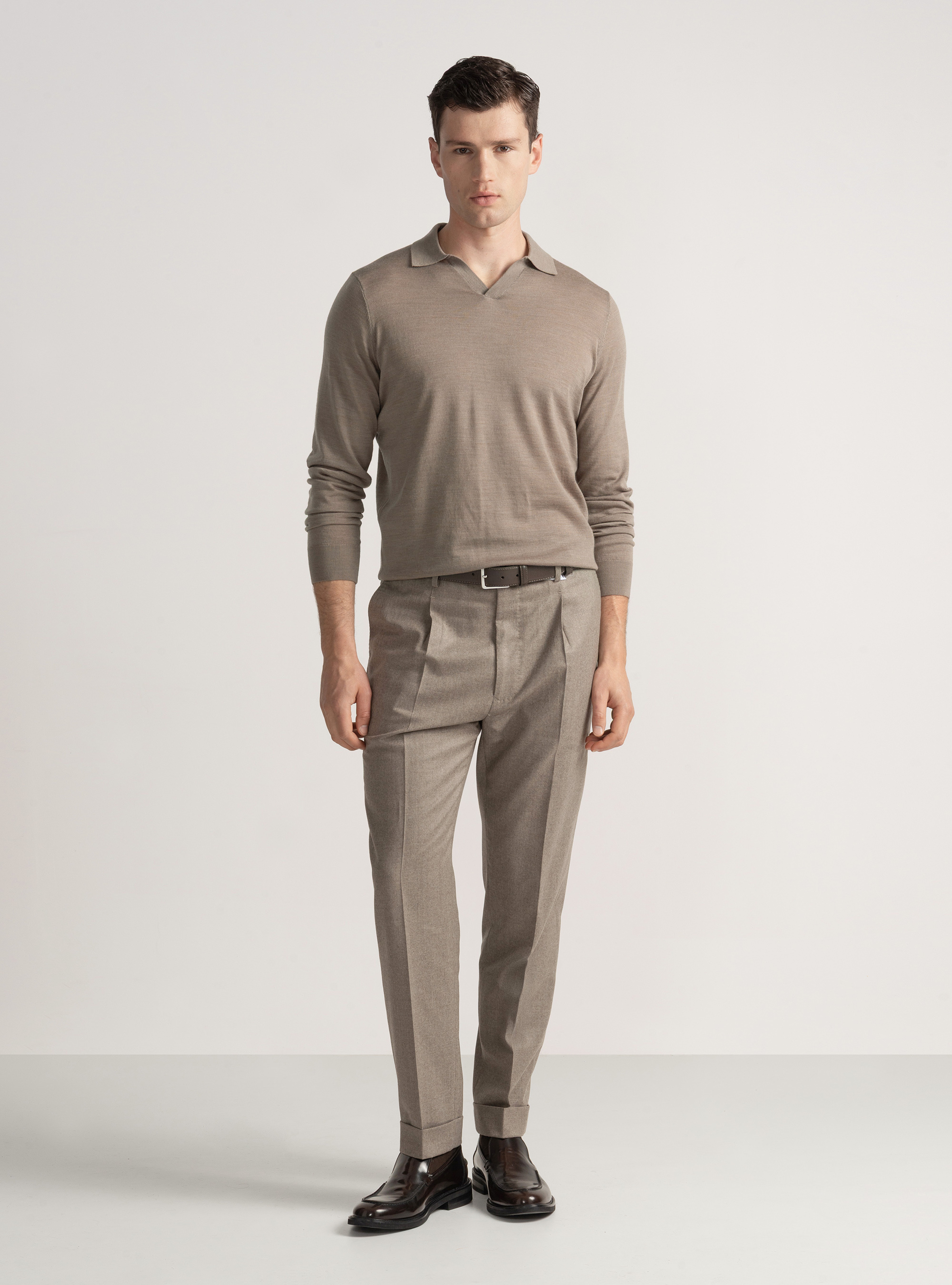 Merino wool buttonless knit polo shirt, MUD