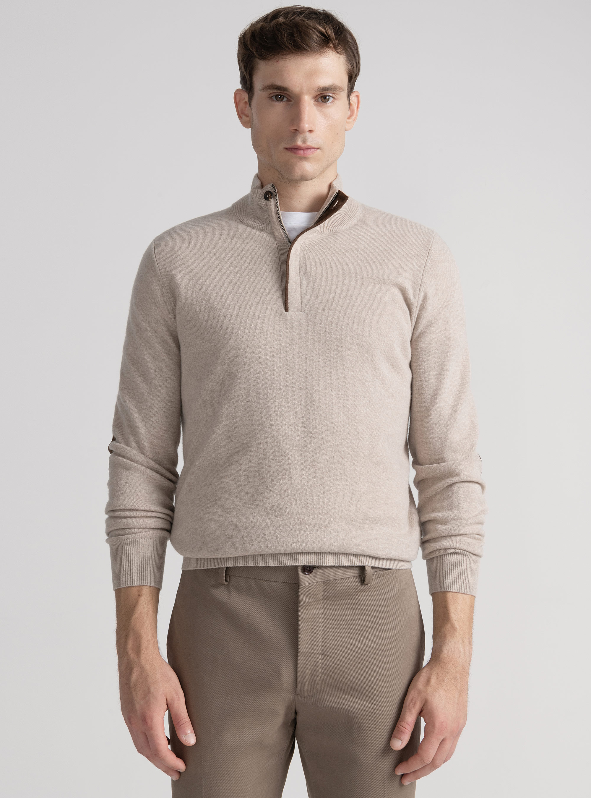 Maglia mezza zip in lana lambswool e cashmere, ECRU