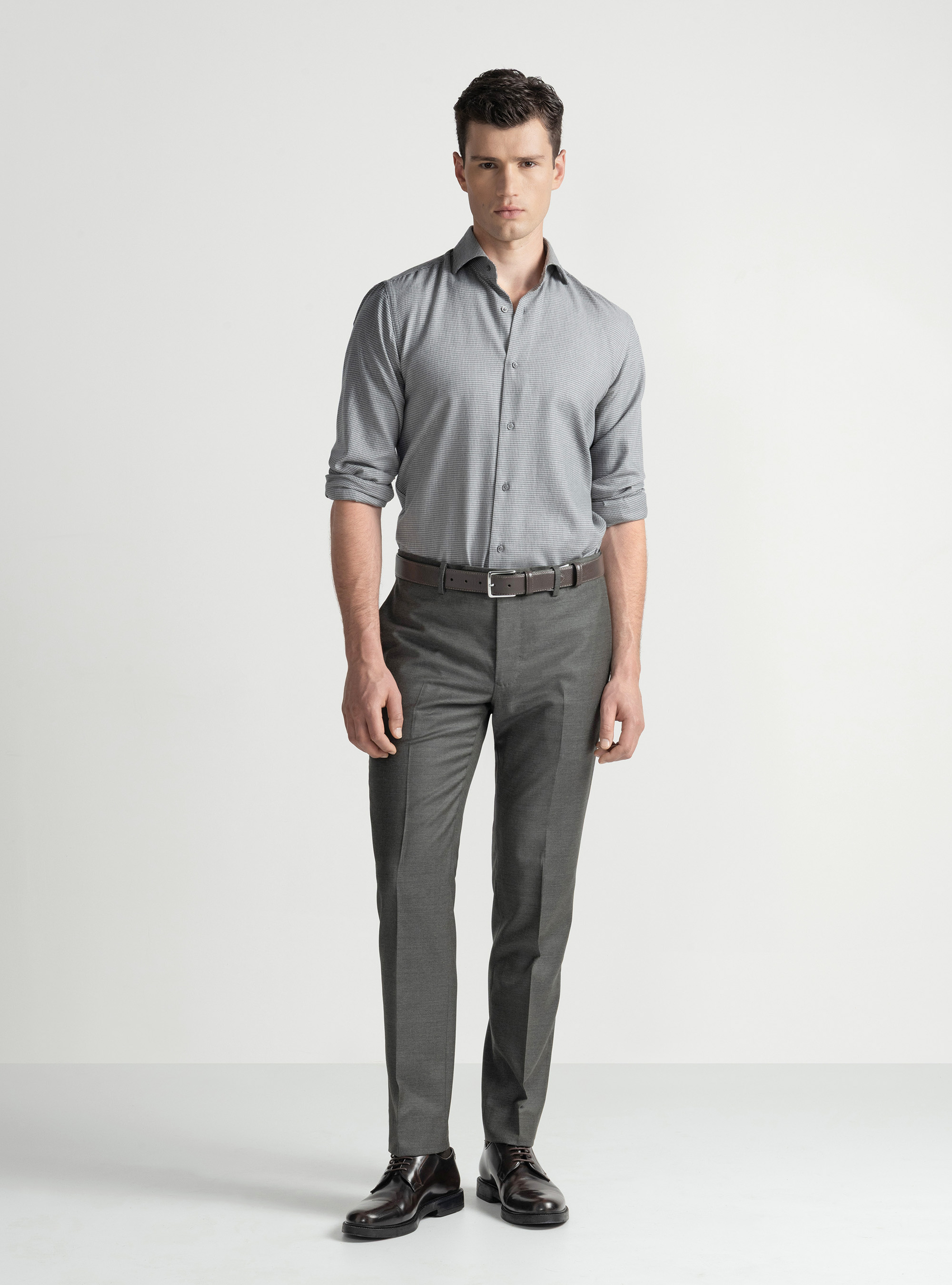 Camicia microfantasia in flanella di cotone e lana, GRIGIO CHIARO