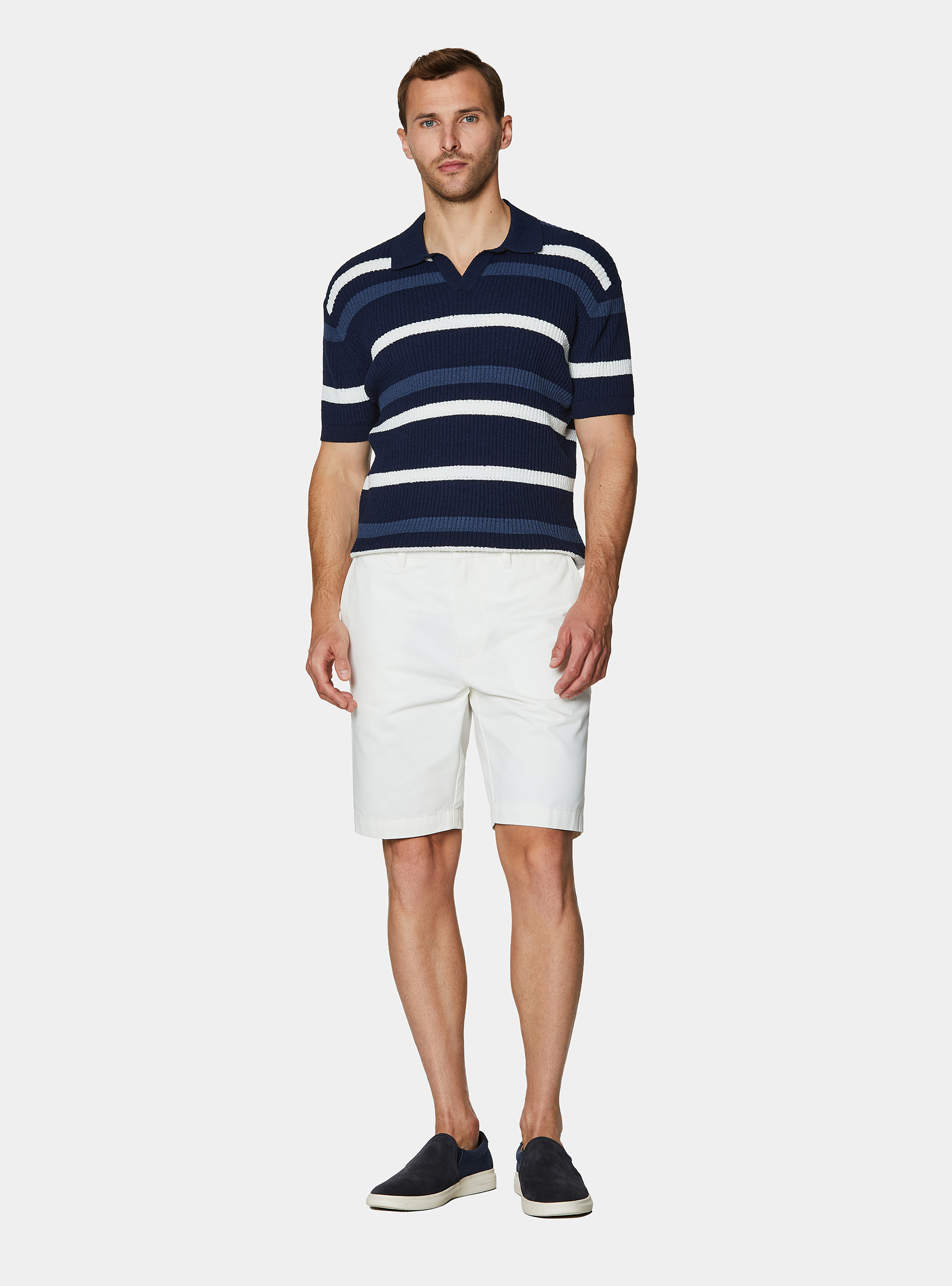 Striped boucl&eacute; knit polo shirt, NAVY BLUE