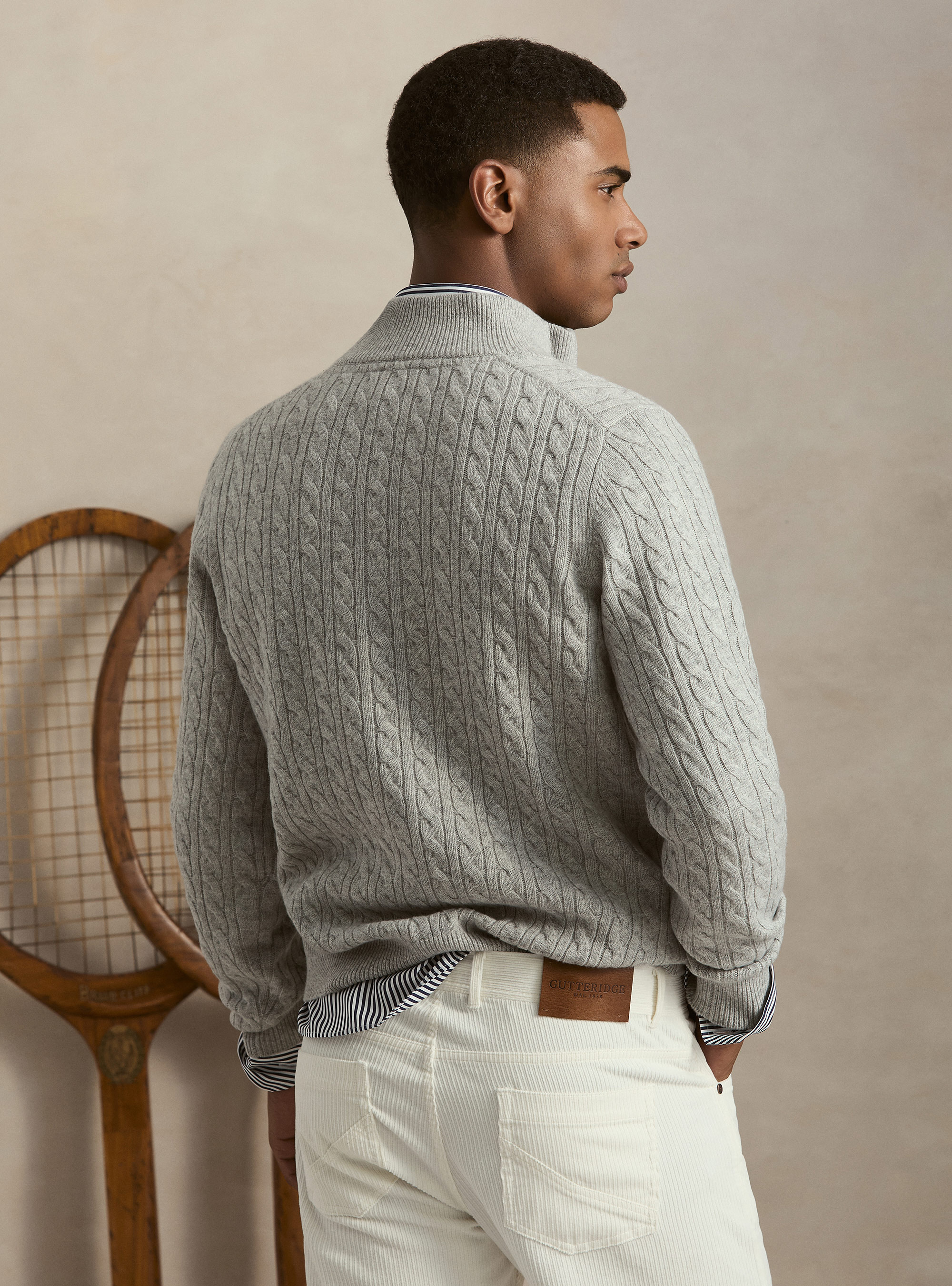 Zopfstrickpullover mit Mock-Neck aus Woll-Kaschmir-Mischung, GRIGIO CHIARO MEL 0150C