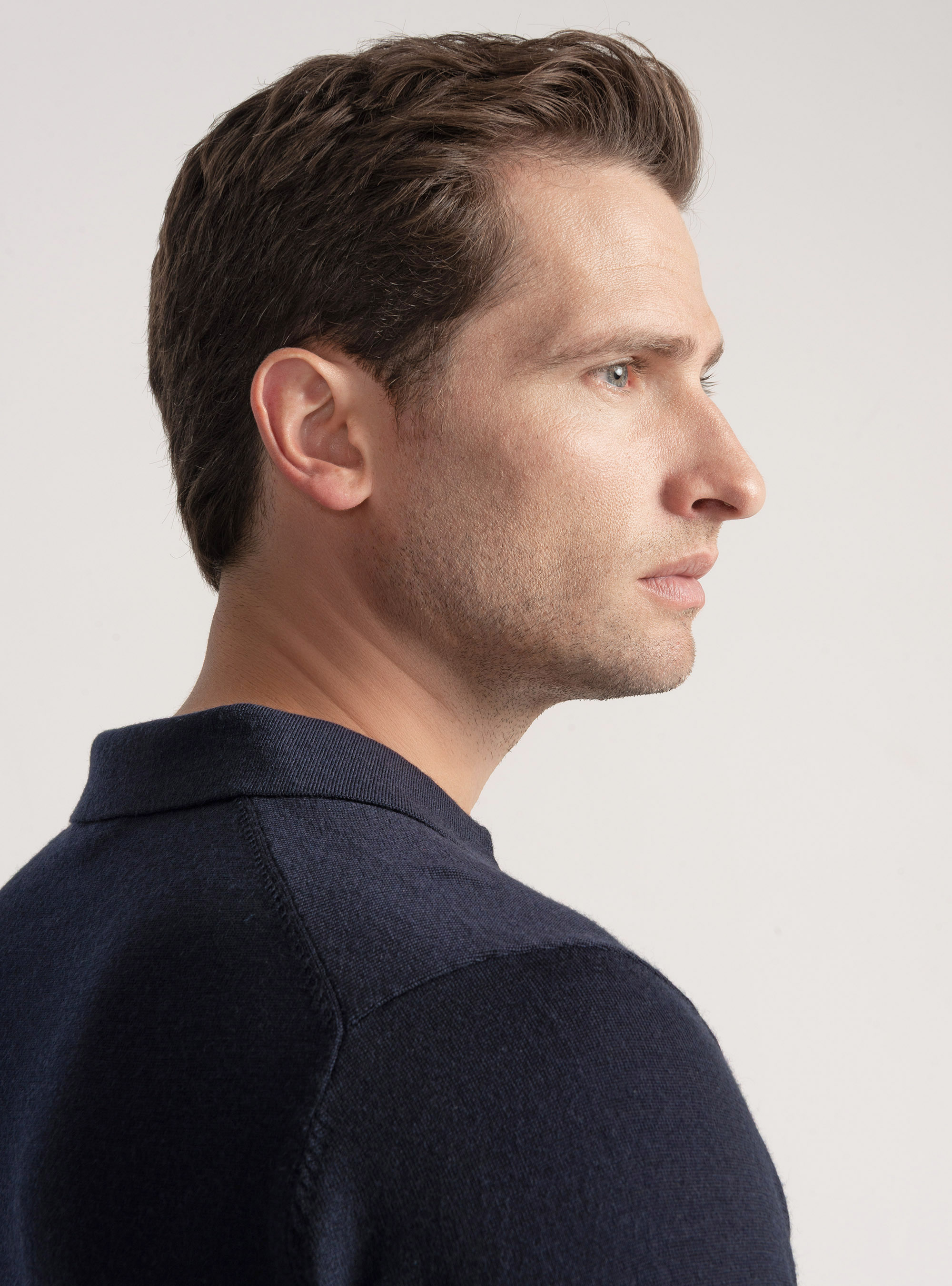 Polo in maglia senza bottoni in lana merino, BLU NAVY