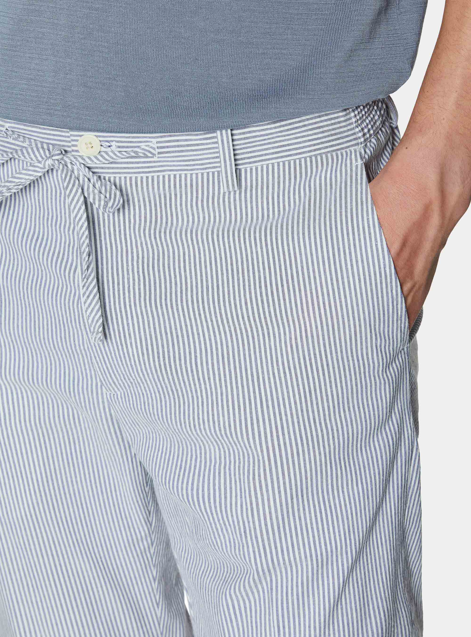 Seersucker cotton blend striped drawstring trousers, BLUE