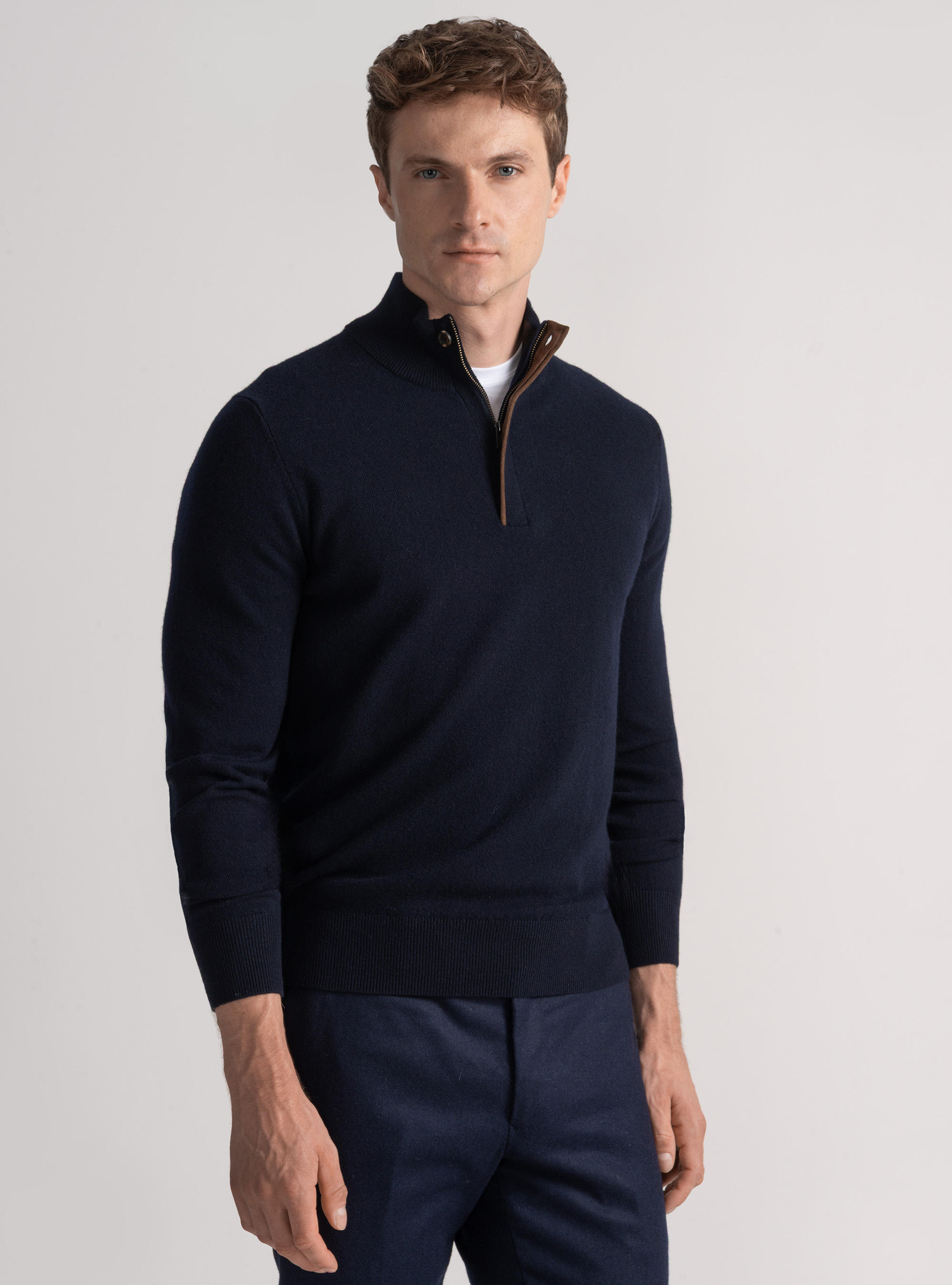 Maglia mezza zip in lana lambswool e cashmere, BLU NAVY