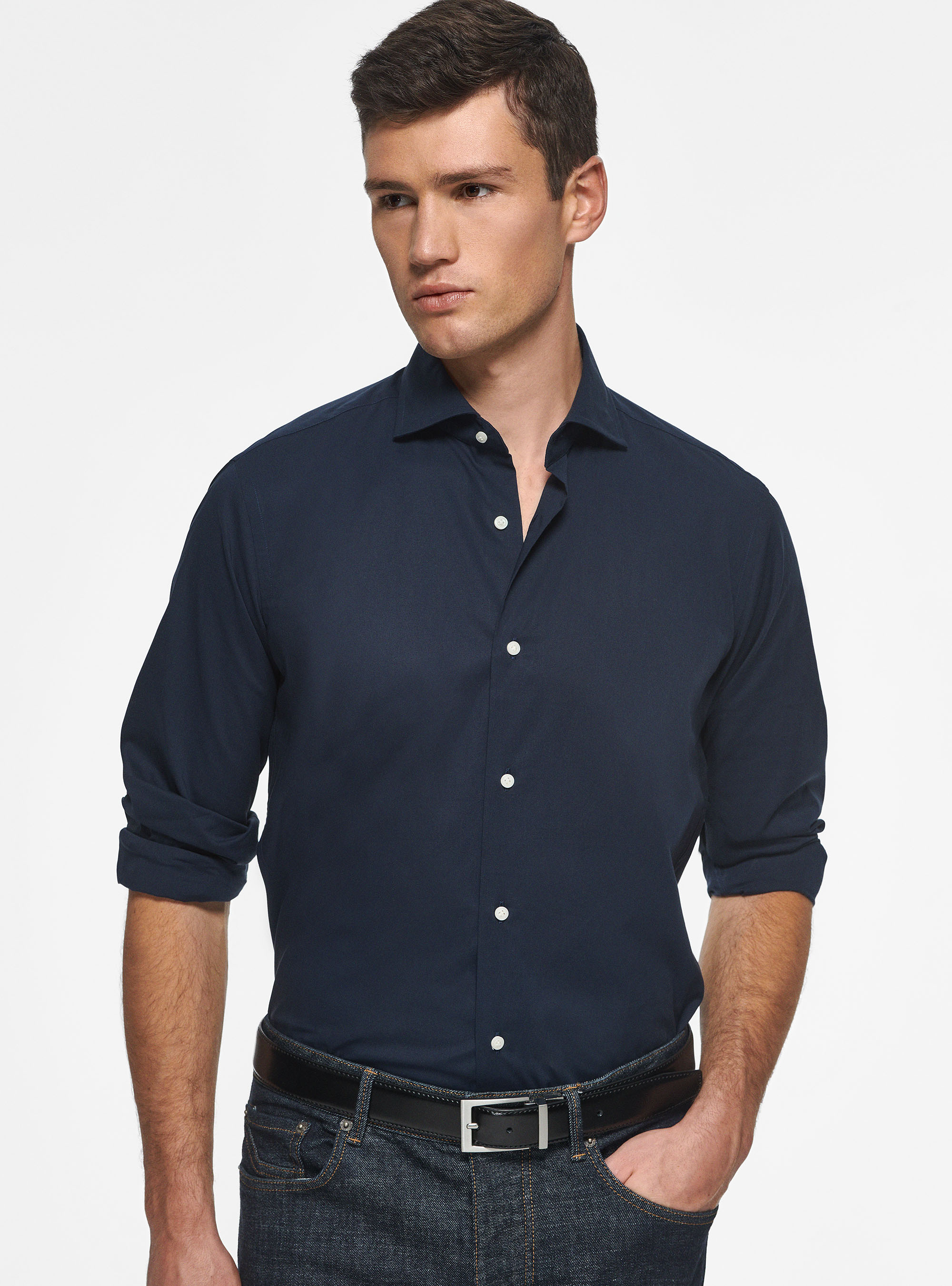 Stretch poplin shirt, NAVY BLUE