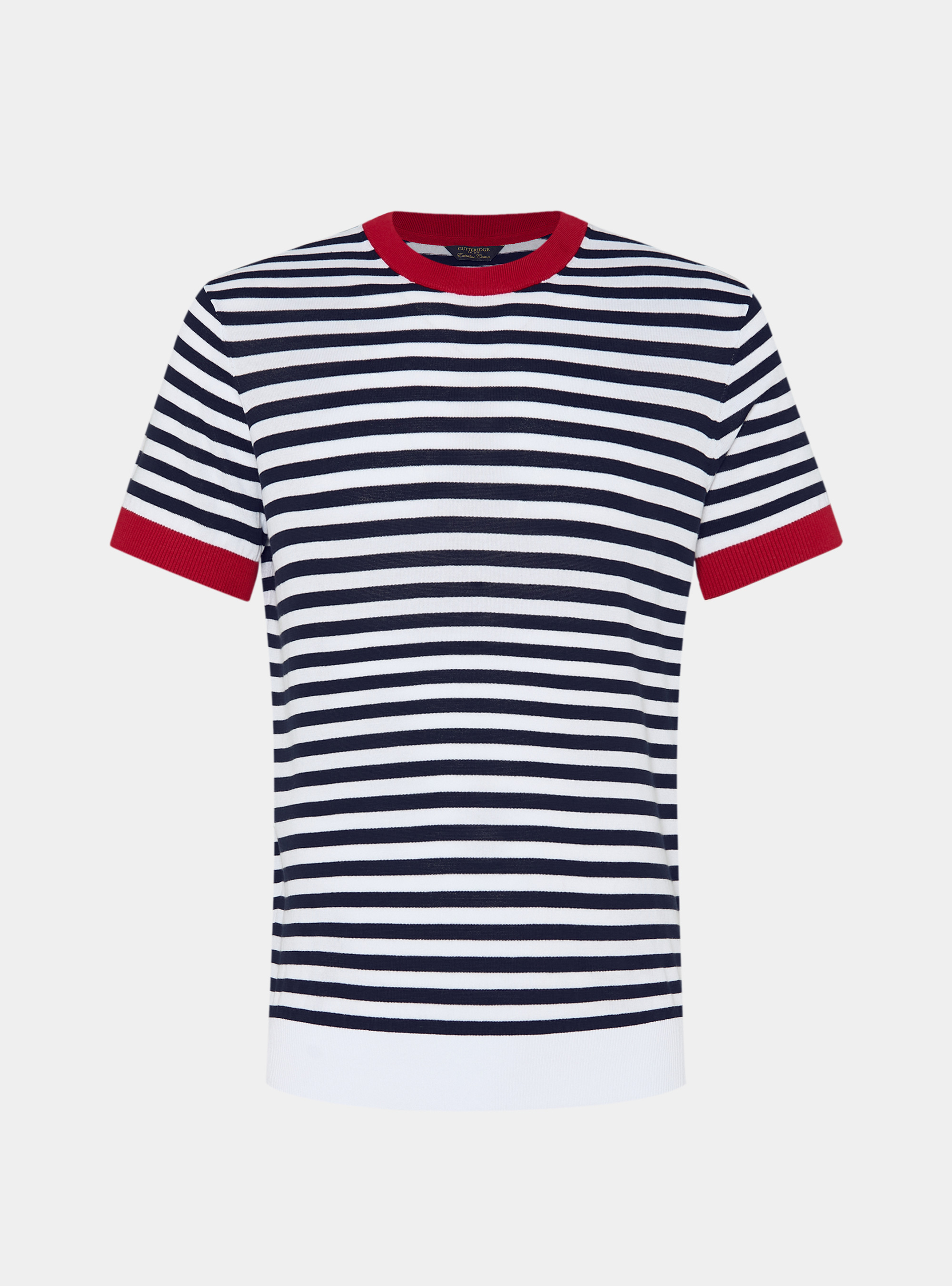 Rundhals-Pullover aus extrafeiner gestreifter Baumwolle, NAVY 0218C