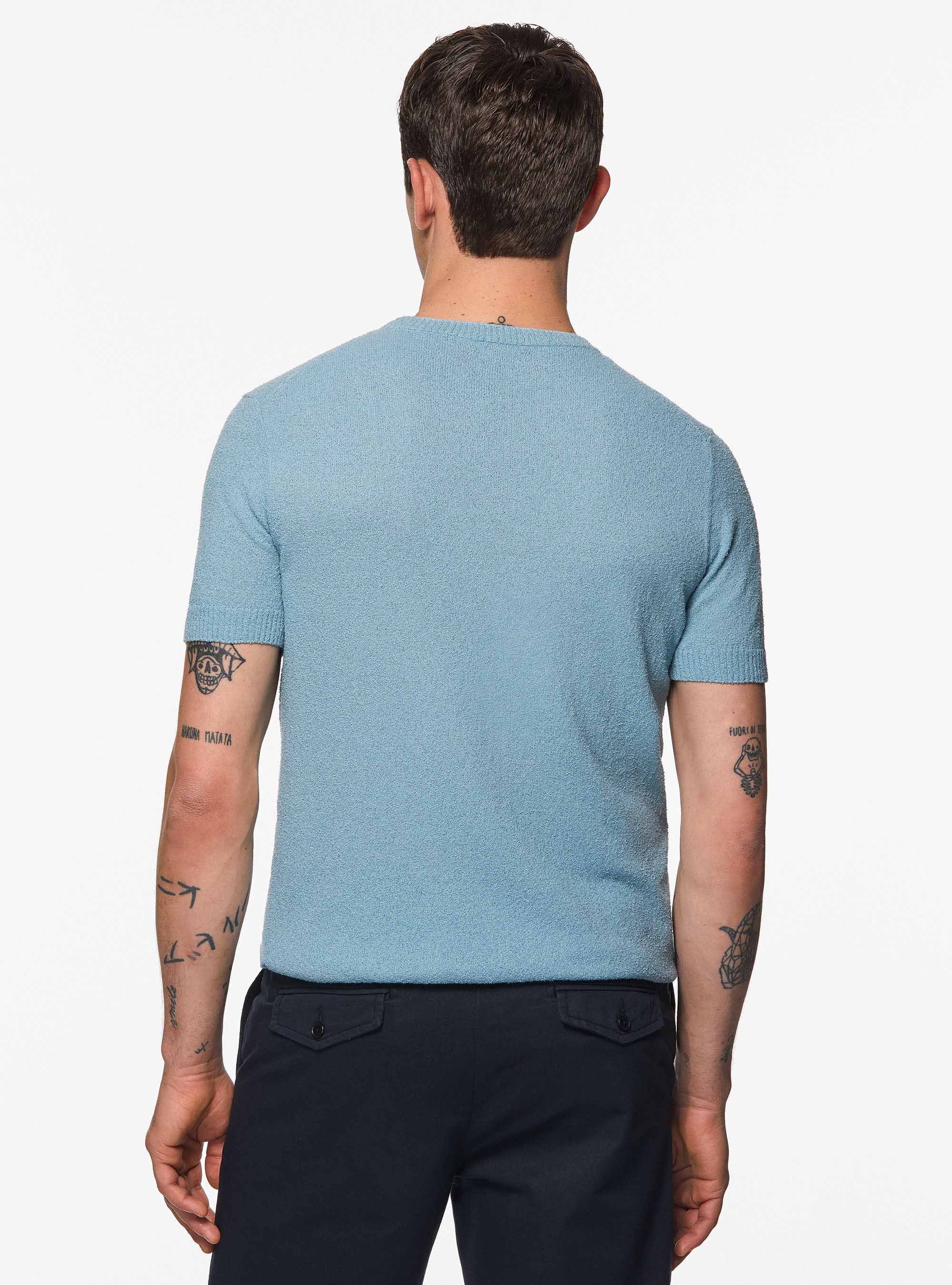 Maglia girocollo in misto cotone boucl&egrave;, AZZURRO