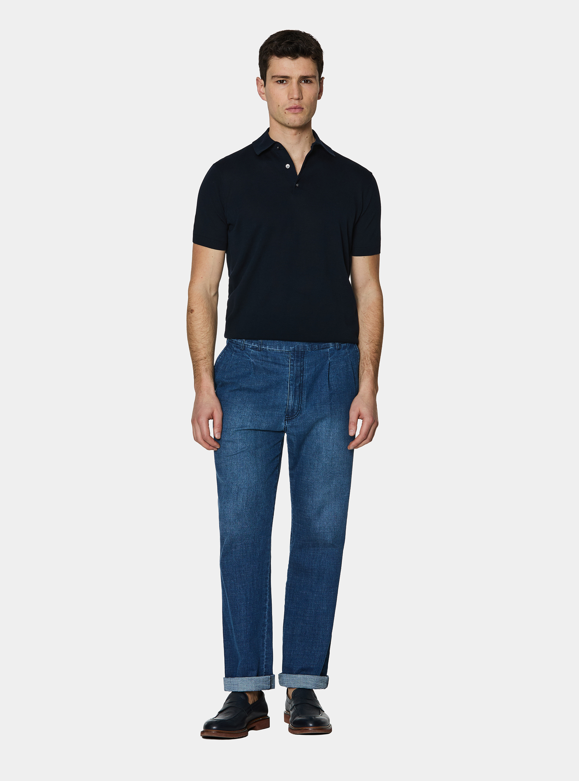 Extra-fine cotton knit polo shirt, NAVY BLUE