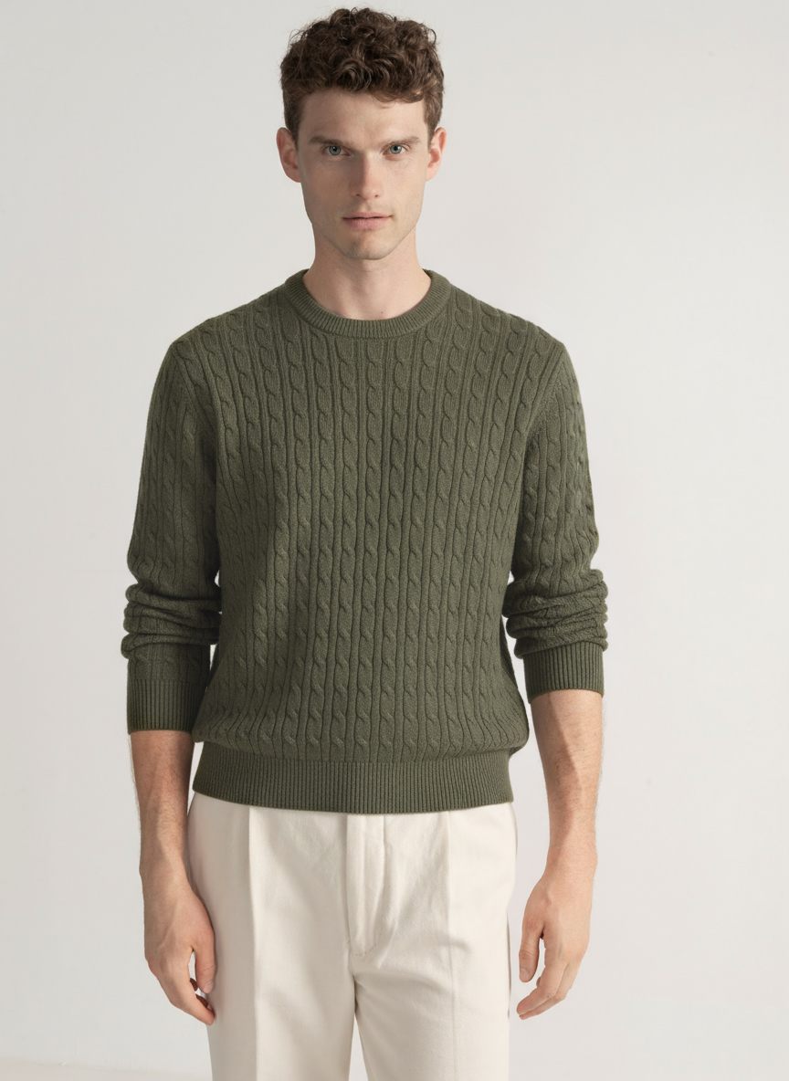 Braided crew neck sweater in pure cashmere, SALVIA 0602C