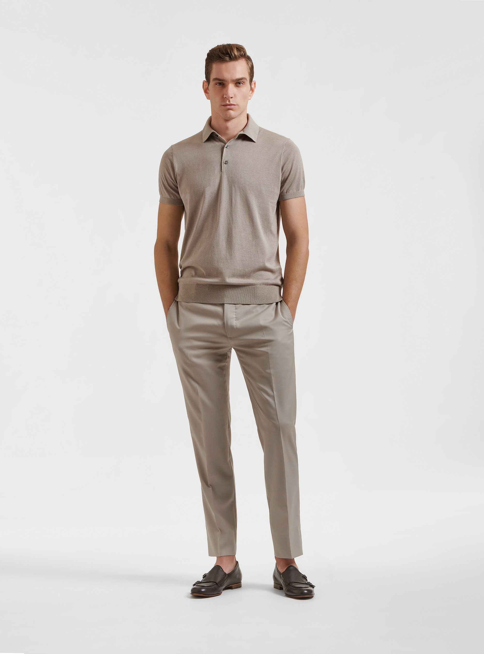 Silk cotton polo shirt, SAND