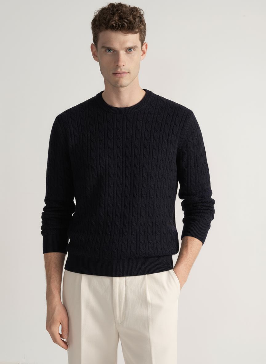 Braided crew neck sweater in pure cashmere, NAVY BLUE