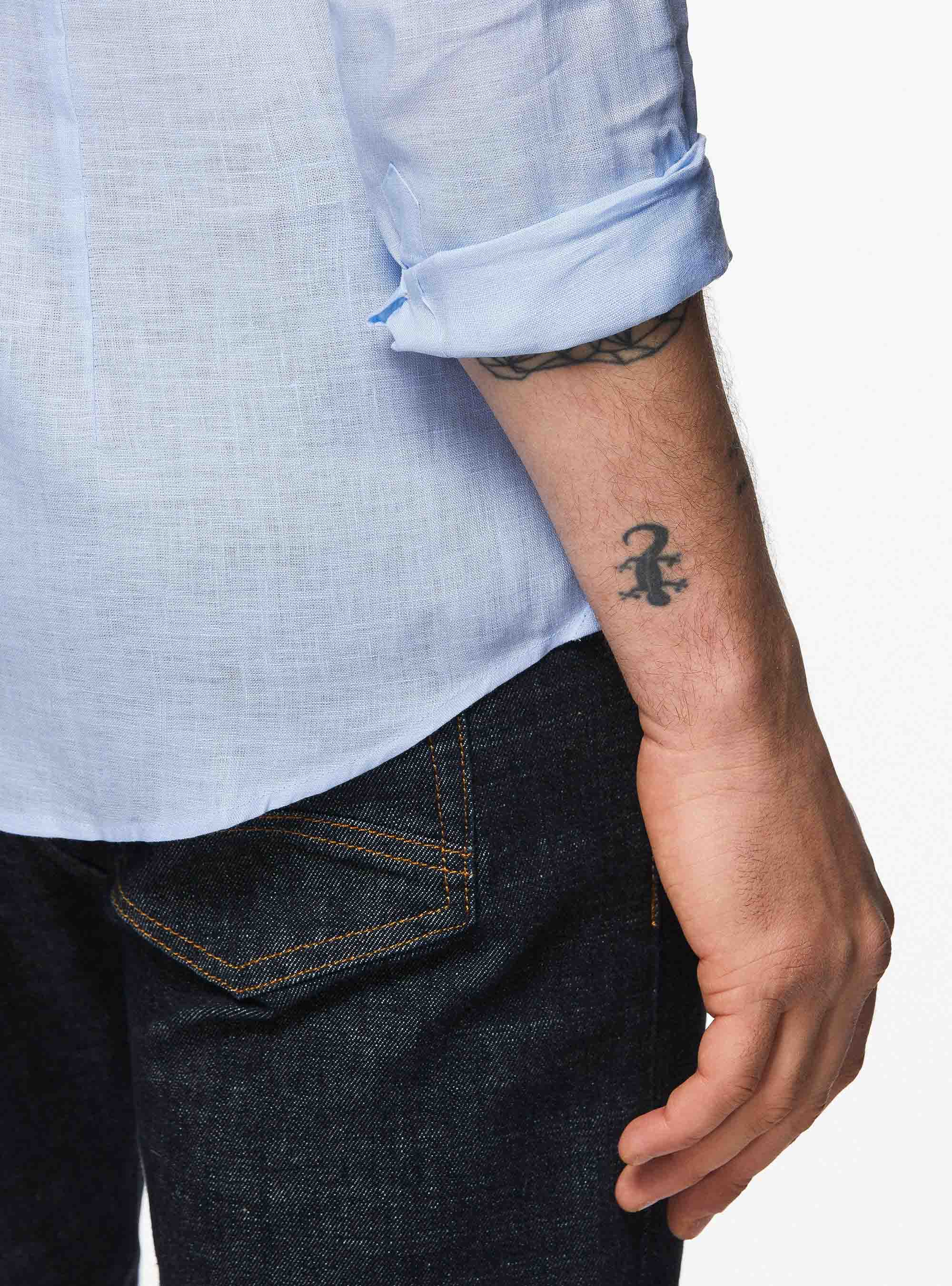 Pure Linen Shirt with Semi-French Collar, LIGHT BLUE