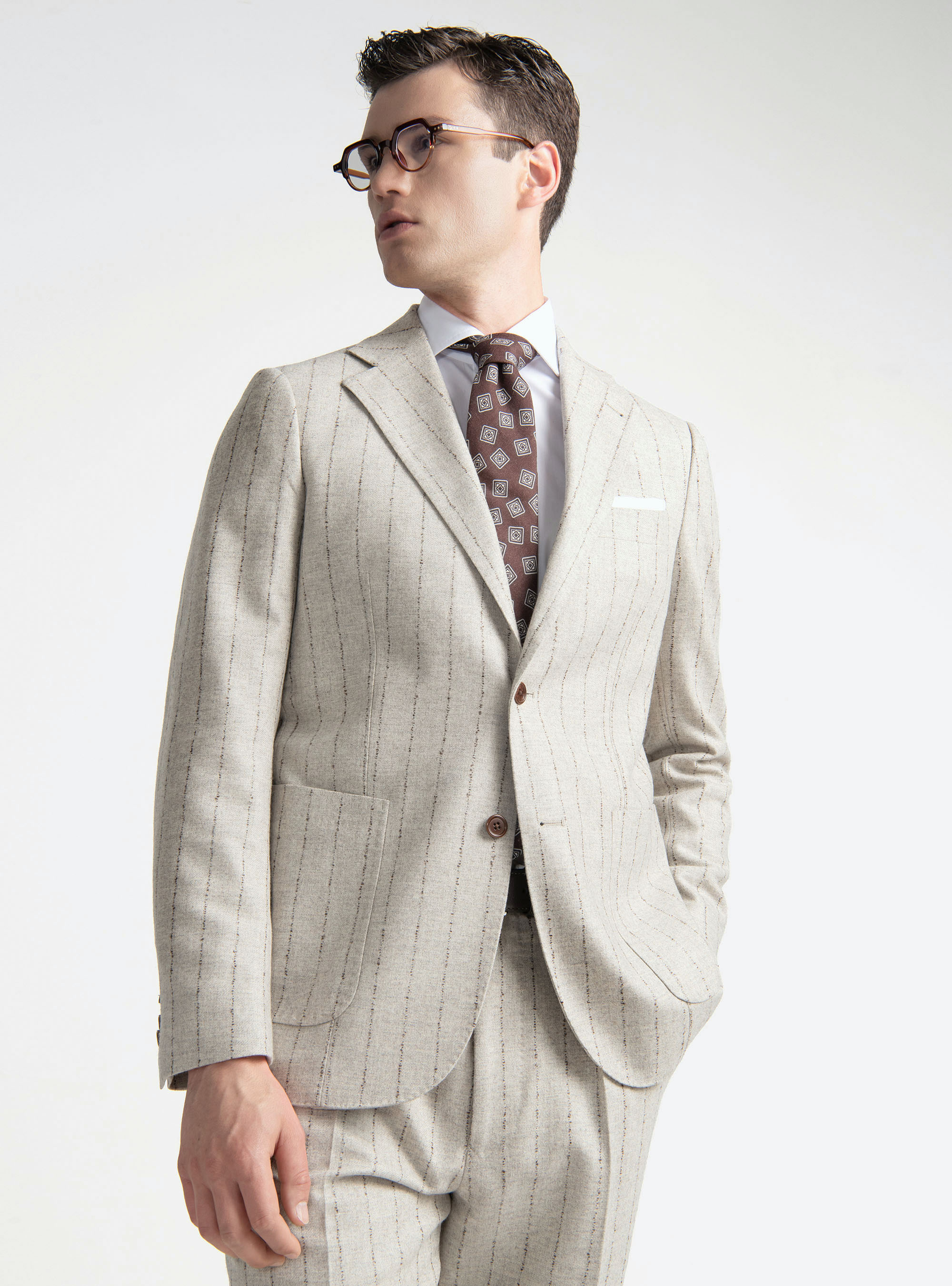 Giacca per abito gessato in lana cashmere, ECRU