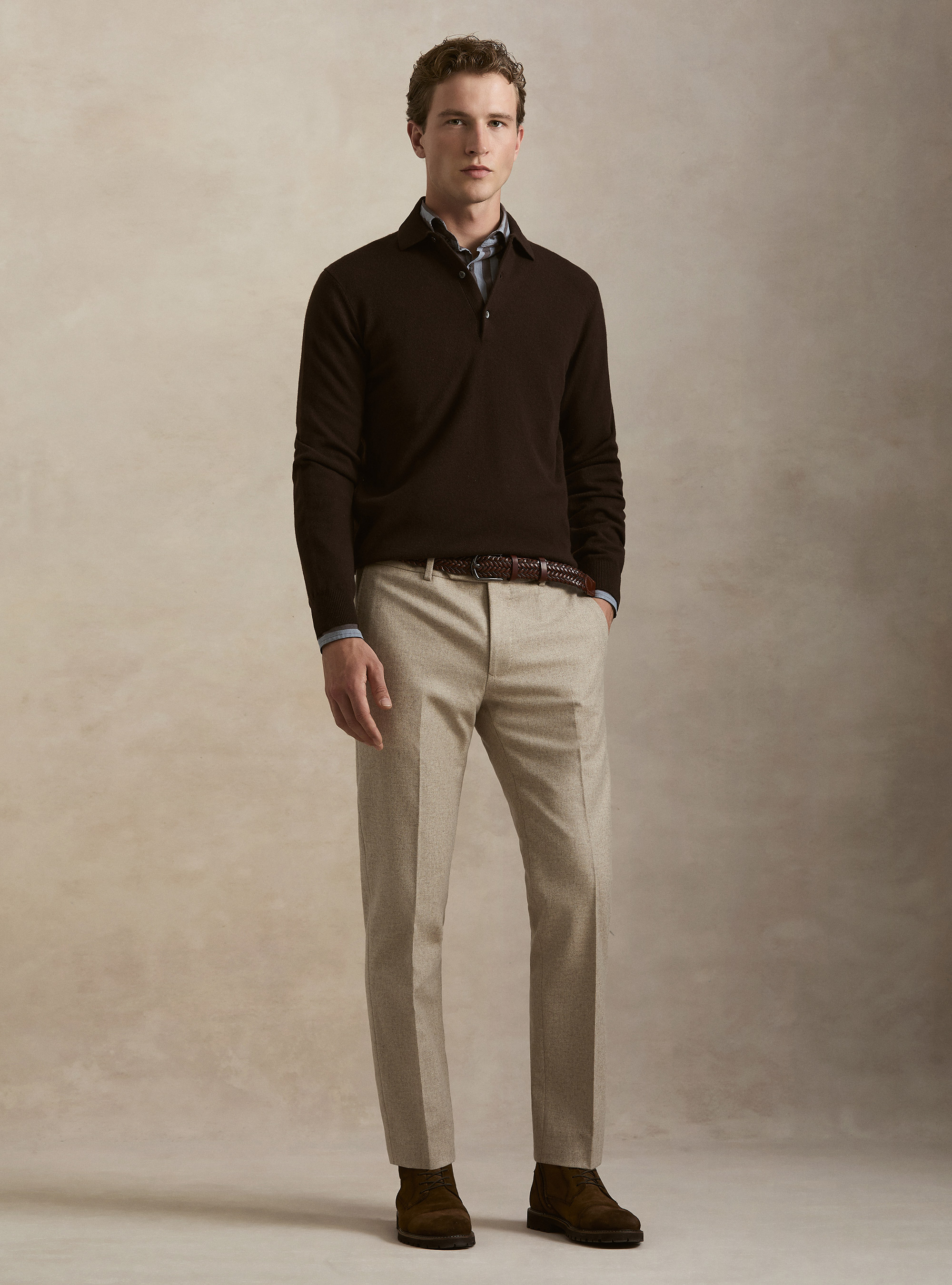 Wool and cashmere knitted polo, BROWN