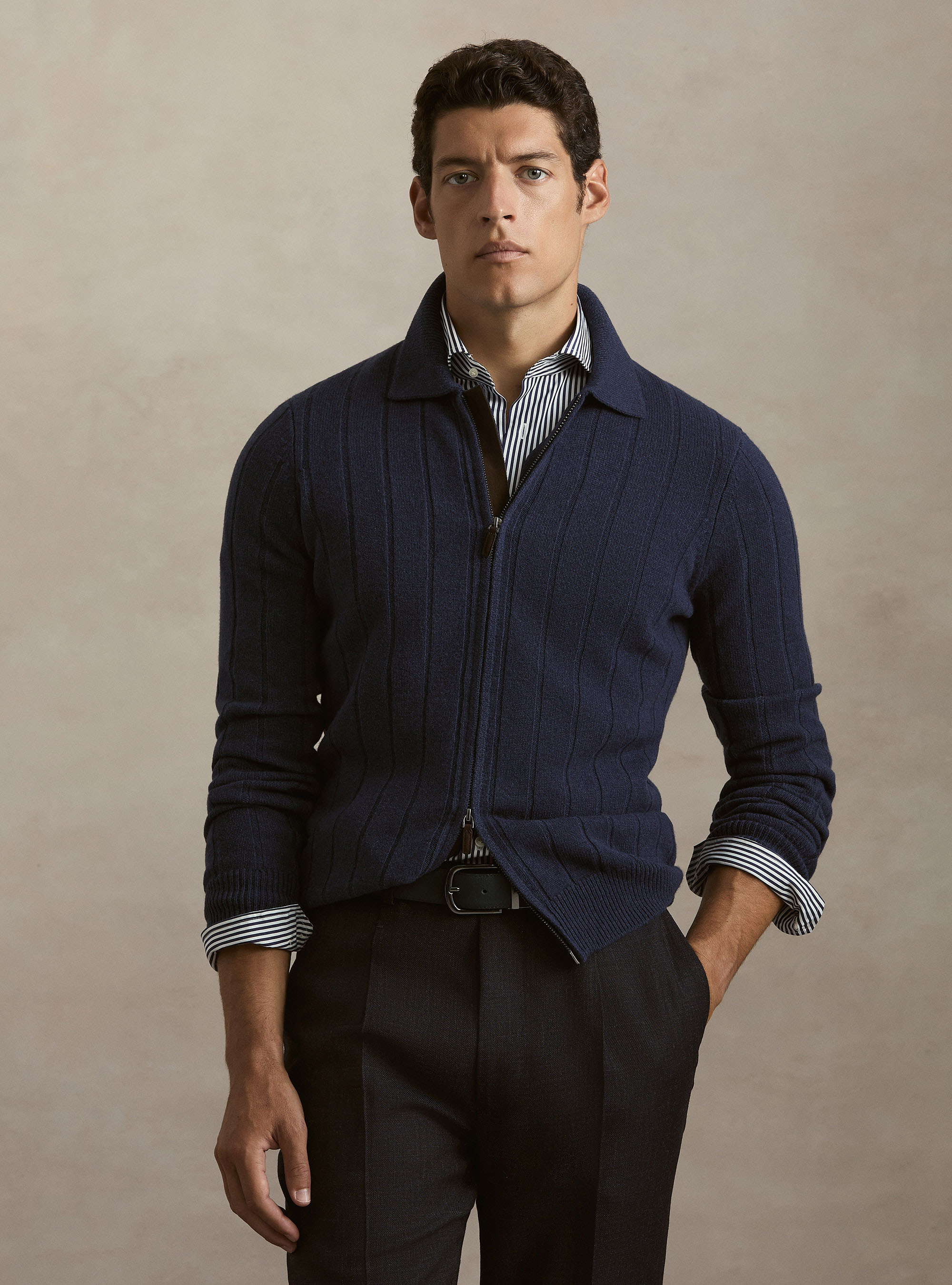 Full-zip wool-cashmere flat-ribbed sweater, INK