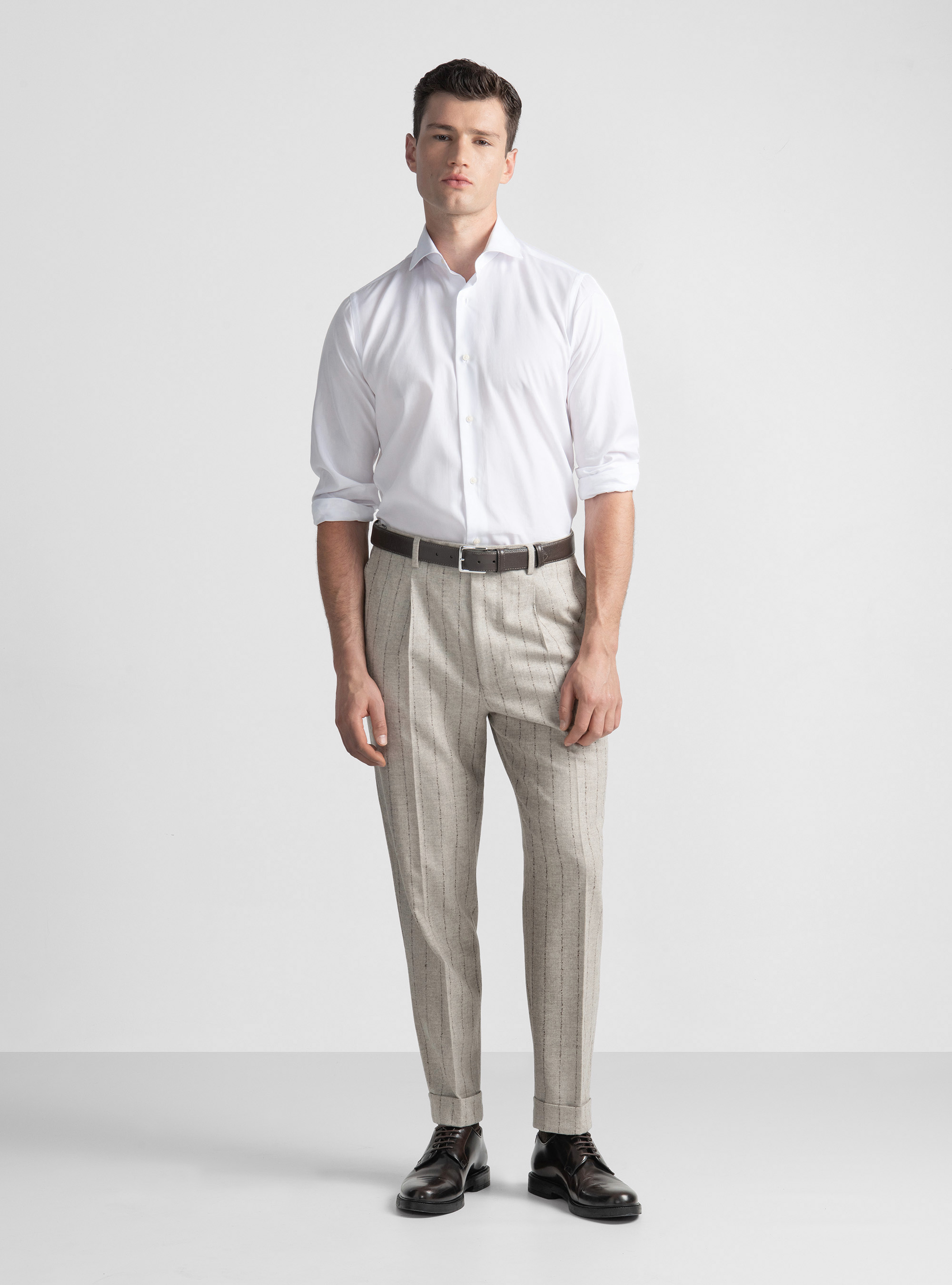 Cashmere wool pinstripe suit trousers, ECRU