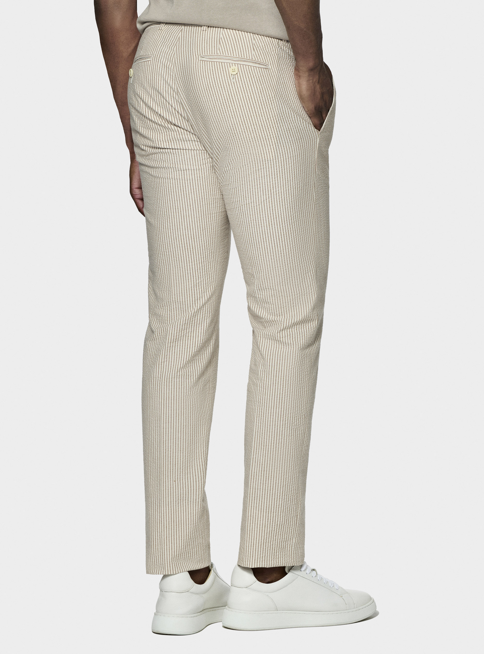 Pantalon seersucker en coton m&eacute;lang&eacute; ray&eacute;, SABLE
